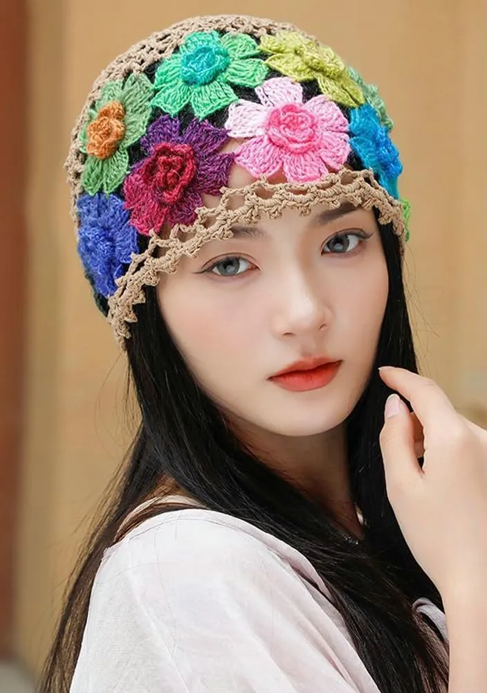 Crochet Beanie Hat for Women Men Y2k Floral Boho Knitted Beanie Cotton Flower Patterned Slouchy Skull Cap Lace Head Wrap