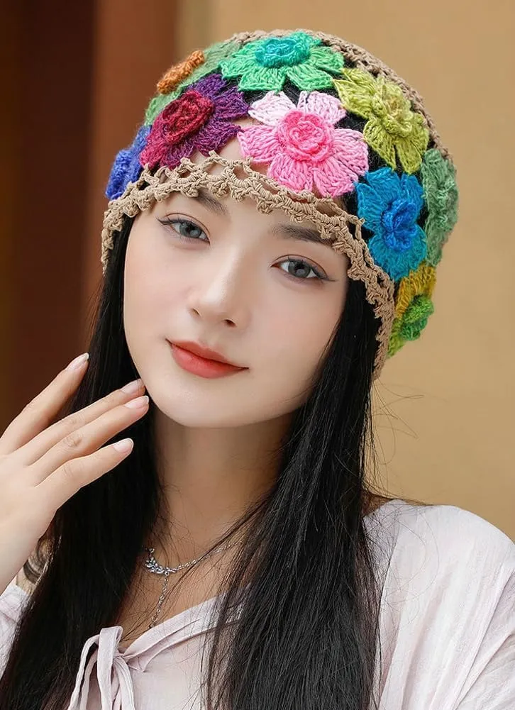 Crochet Beanie Hat for Women Men Y2k Floral Boho Knitted Beanie Cotton Flower Patterned Slouchy Skull Cap Lace Head Wrap