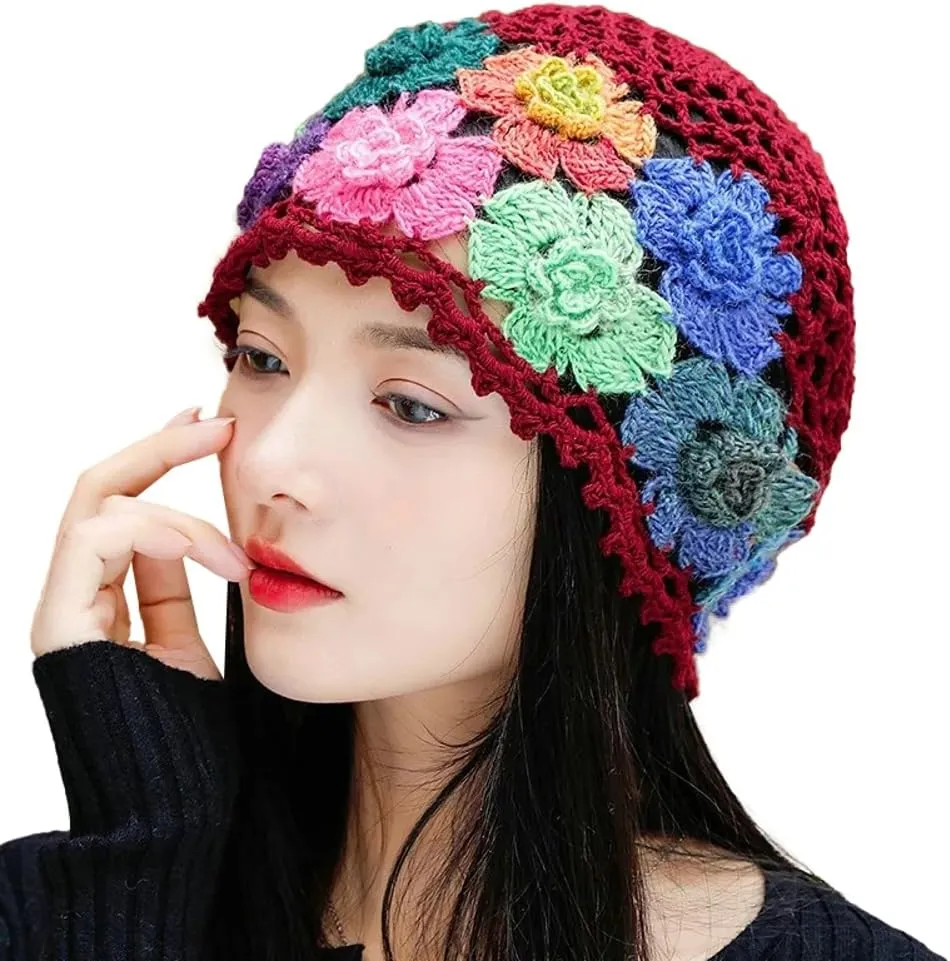 Crochet Beanie Hat for Women Men Y2k Floral Boho Knitted Beanie Cotton Flower Patterned Slouchy Skull Cap Lace Head Wrap