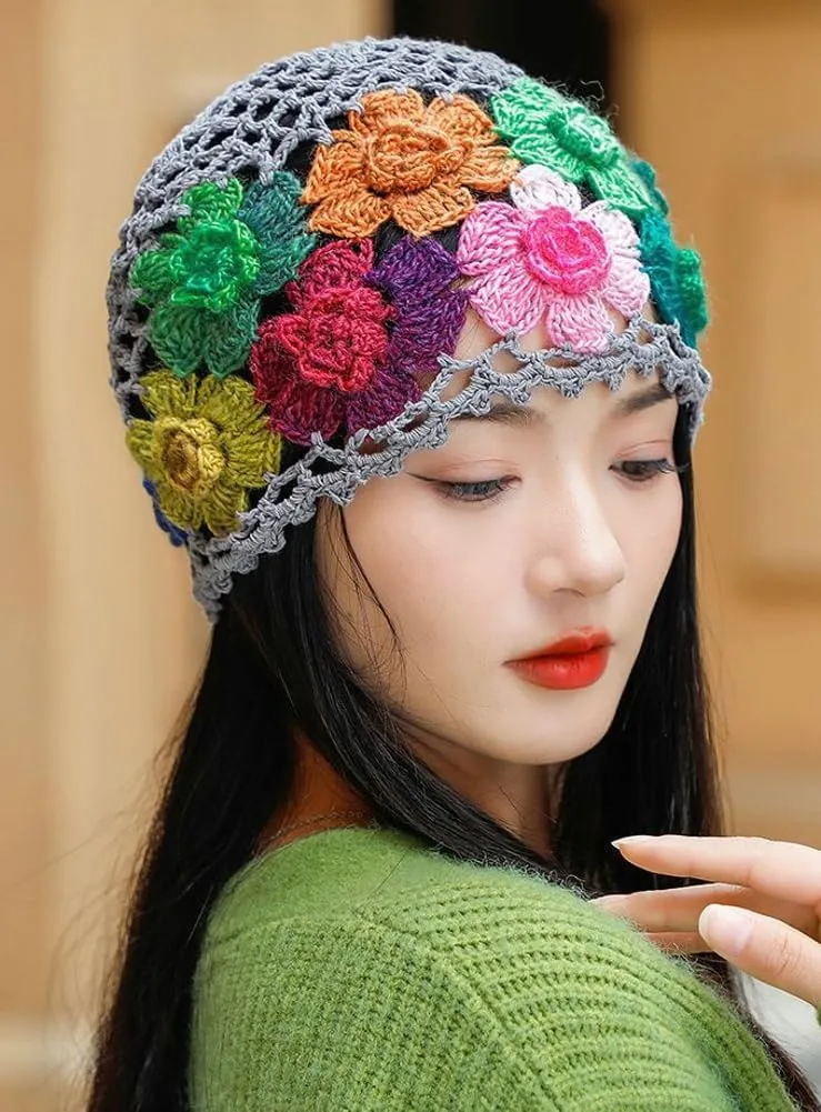 Crochet Beanie Hat for Women Men Y2k Floral Boho Knitted Beanie Cotton Flower Patterned Slouchy Skull Cap Lace Head Wrap