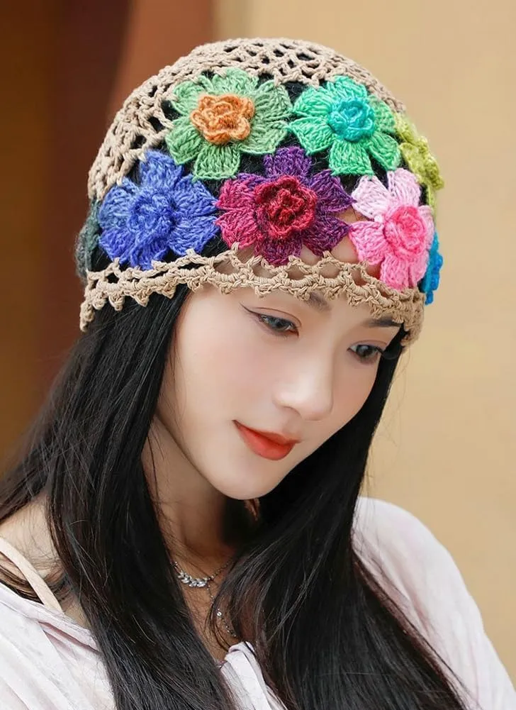 Crochet Beanie Hat for Women Men Y2k Floral Boho Knitted Beanie Cotton Flower Patterned Slouchy Skull Cap Lace Head Wrap