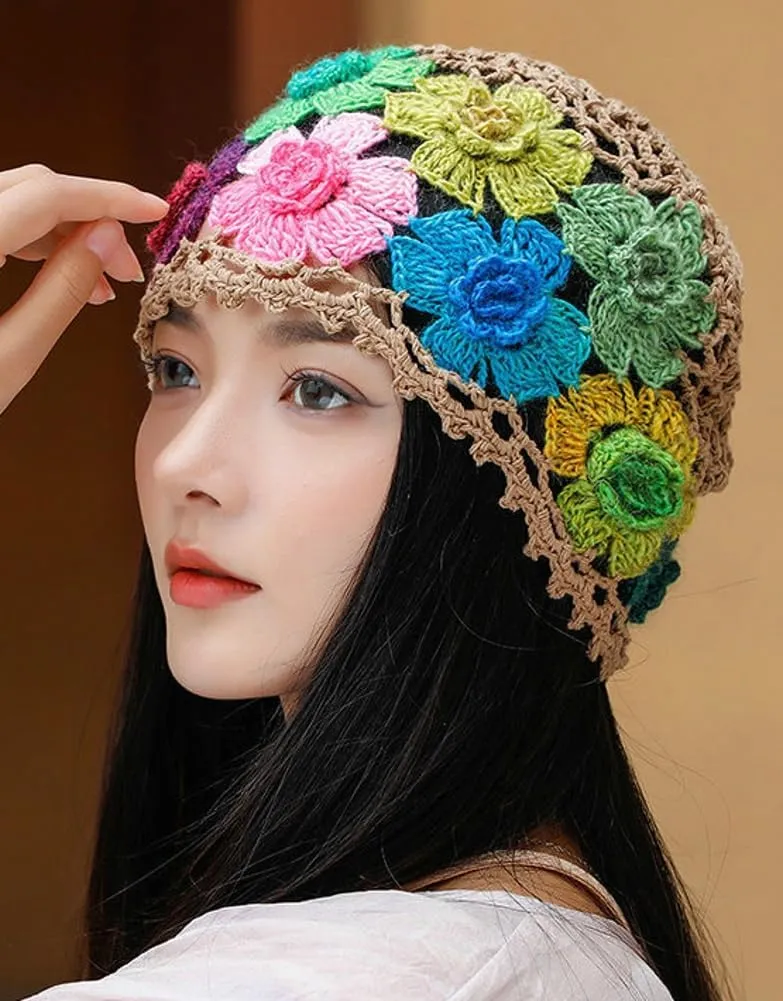 Crochet Beanie Hat for Women Men Y2k Floral Boho Knitted Beanie Cotton Flower Patterned Slouchy Skull Cap Lace Head Wrap