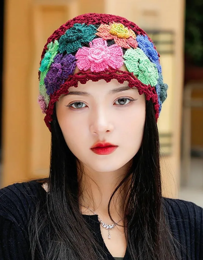Crochet Beanie Hat for Women Men Y2k Floral Boho Knitted Beanie Cotton Flower Patterned Slouchy Skull Cap Lace Head Wrap