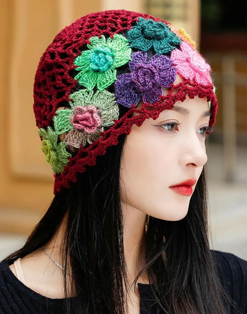 Crochet Beanie Hat for Women Men Y2k Floral Boho Knitted Beanie Cotton Flower Patterned Slouchy Skull Cap Lace Head Wrap
