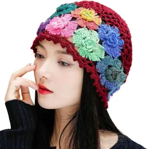 Crochet Beanie Hat for Women Men Y2k Floral Boho Knitted Beanie Cotton Flower Patterned Slouchy Skull Cap Lace Head Wrap