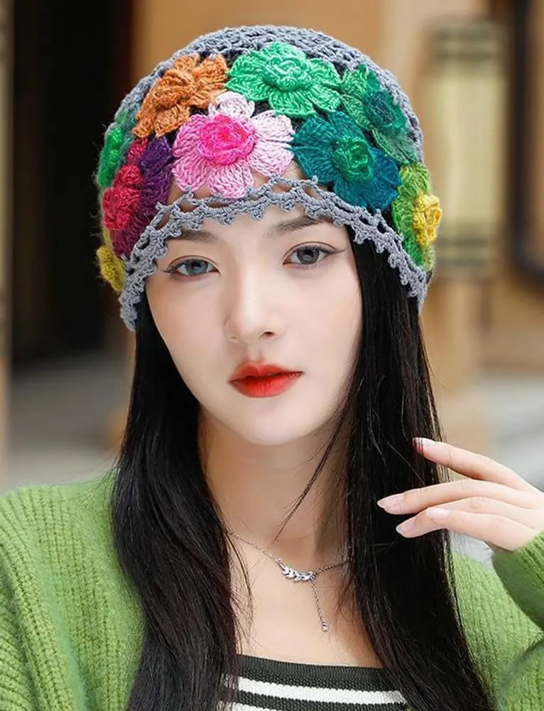 Crochet Beanie Hat for Women Men Y2k Floral Boho Knitted Beanie Cotton Flower Patterned Slouchy Skull Cap Lace Head Wrap
