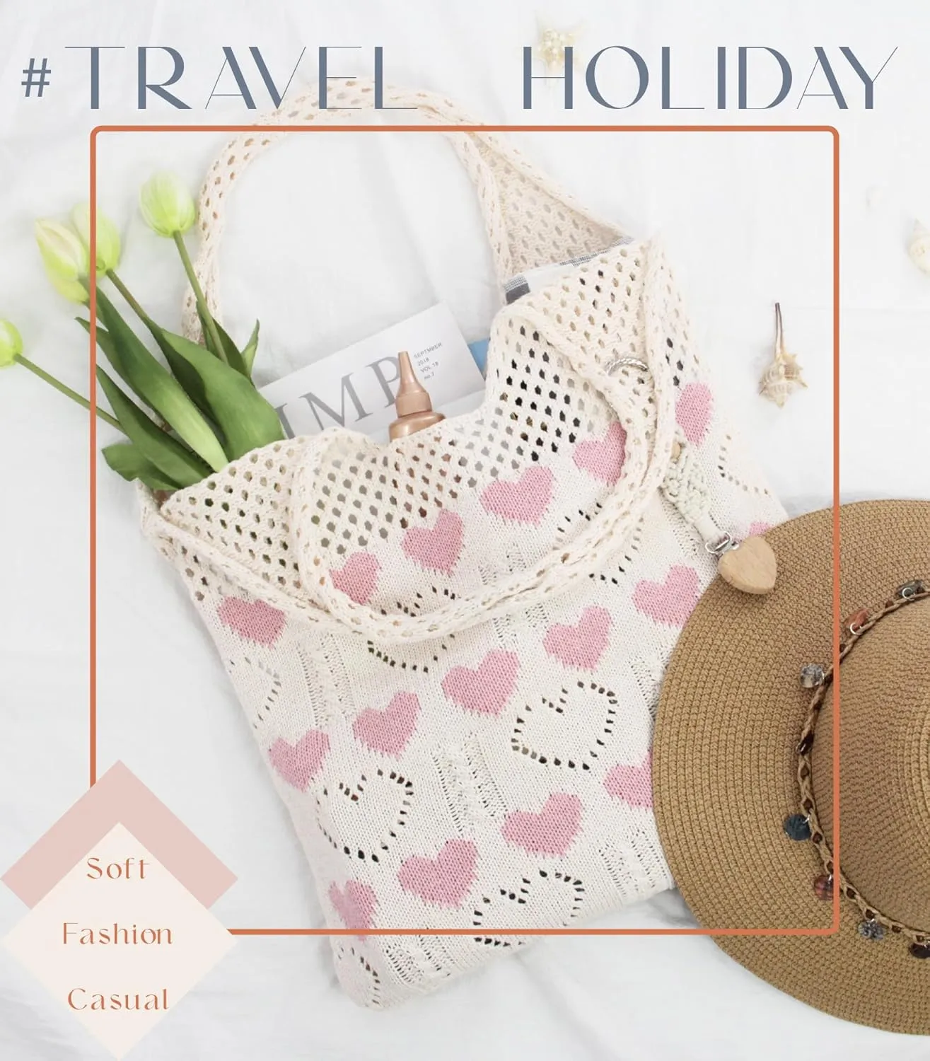 Crochet Tote Bag with Macrame Hat Clip for Travel Women Summer Beach Bag Aesthetic Knit Bag Cute Shoulder Bags