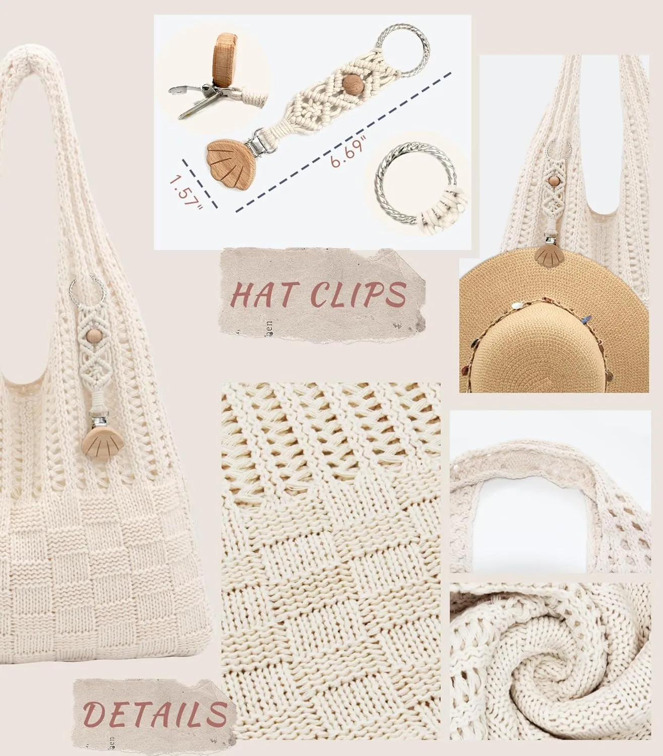 Crochet Tote Bag with Macrame Hat Clip for Travel Women Summer Beach Bag Aesthetic Knit Bag Cute Shoulder Bags