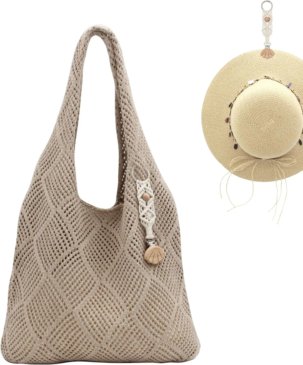 Crochet Tote Bag with Macrame Hat Clip for Travel Women Summer Beach Bag Aesthetic Knit Bag Cute Shoulder Bags