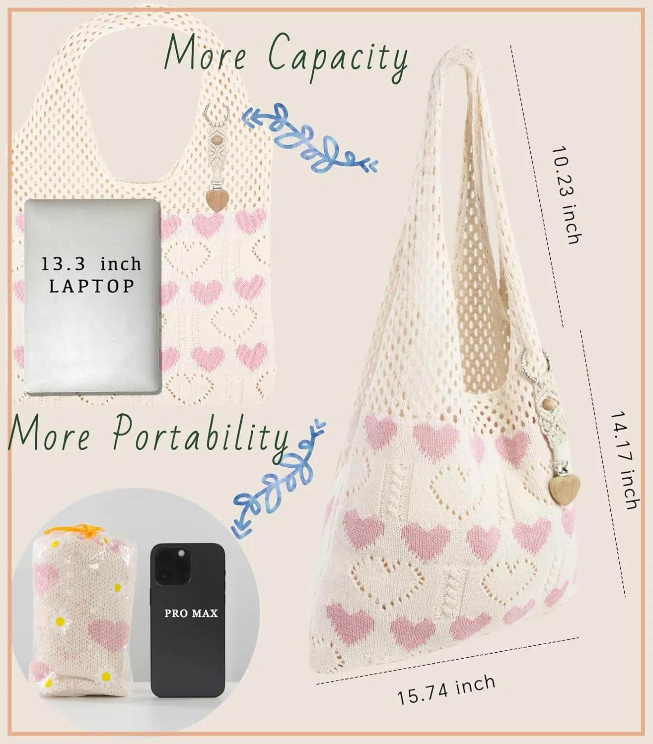 Crochet Tote Bag with Macrame Hat Clip for Travel Women Summer Beach Bag Aesthetic Knit Bag Cute Shoulder Bags