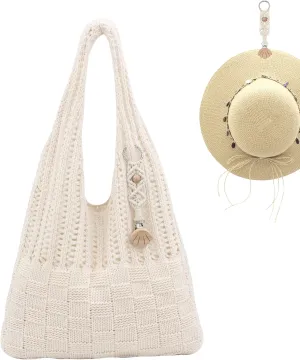 Crochet Tote Bag with Macrame Hat Clip for Travel Women Summer Beach Bag Aesthetic Knit Bag Cute Shoulder Bags