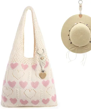 Crochet Tote Bag with Macrame Hat Clip for Travel Women Summer Beach Bag Aesthetic Knit Bag Cute Shoulder Bags