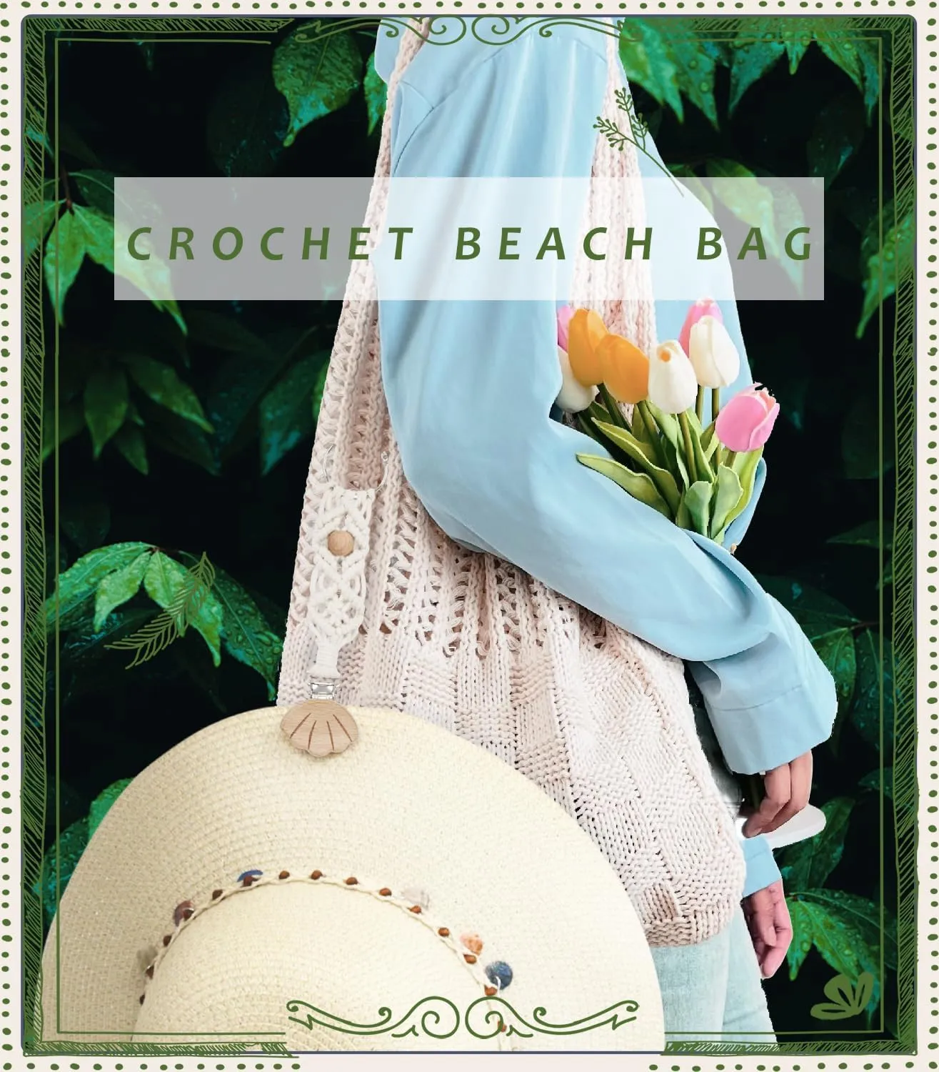 Crochet Tote Bag with Macrame Hat Clip for Travel Women Summer Beach Bag Aesthetic Knit Bag Cute Shoulder Bags