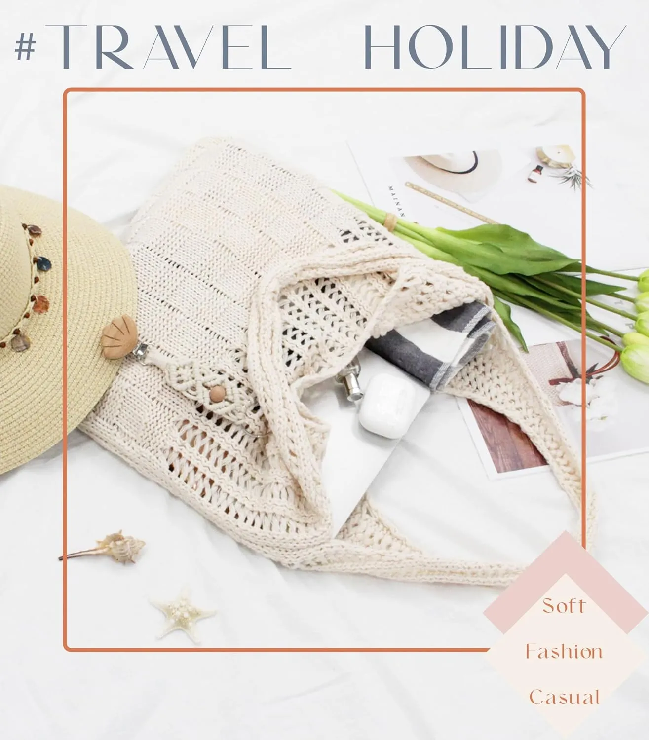 Crochet Tote Bag with Macrame Hat Clip for Travel Women Summer Beach Bag Aesthetic Knit Bag Cute Shoulder Bags