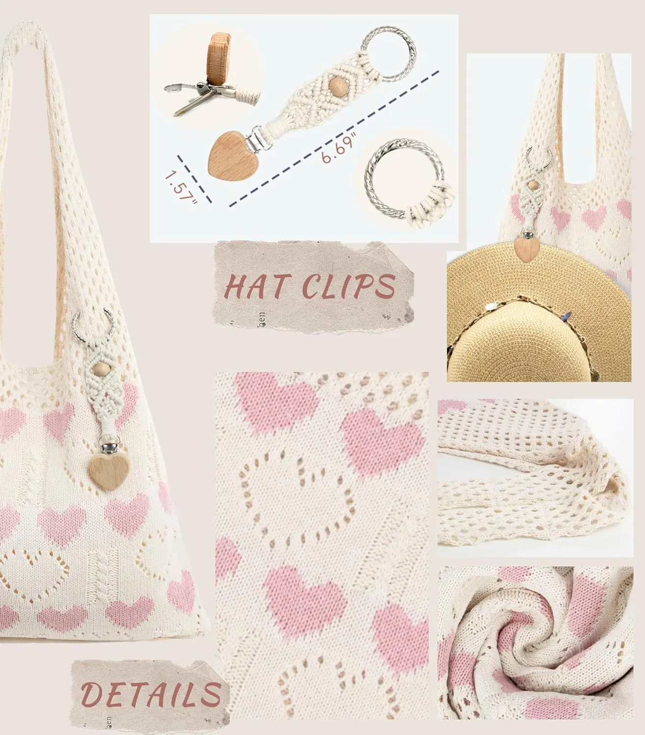 Crochet Tote Bag with Macrame Hat Clip for Travel Women Summer Beach Bag Aesthetic Knit Bag Cute Shoulder Bags