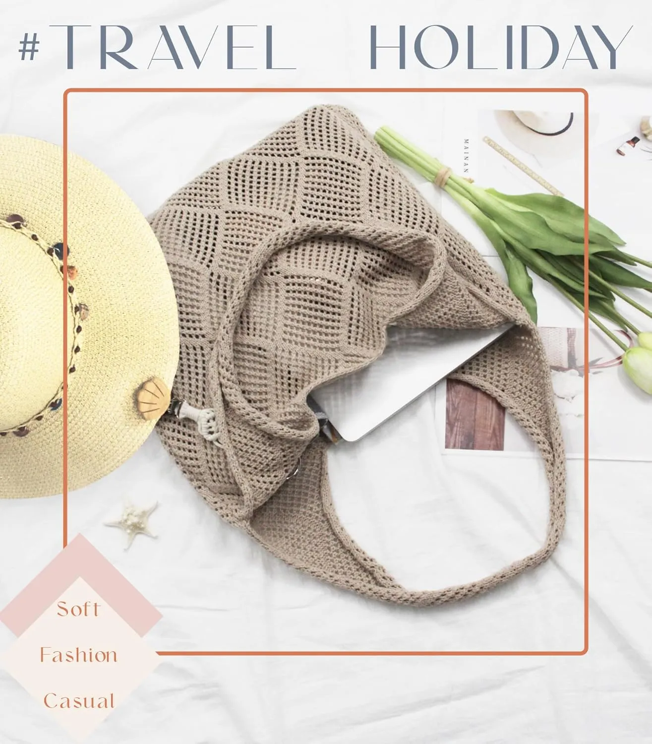 Crochet Tote Bag with Macrame Hat Clip for Travel Women Summer Beach Bag Aesthetic Knit Bag Cute Shoulder Bags