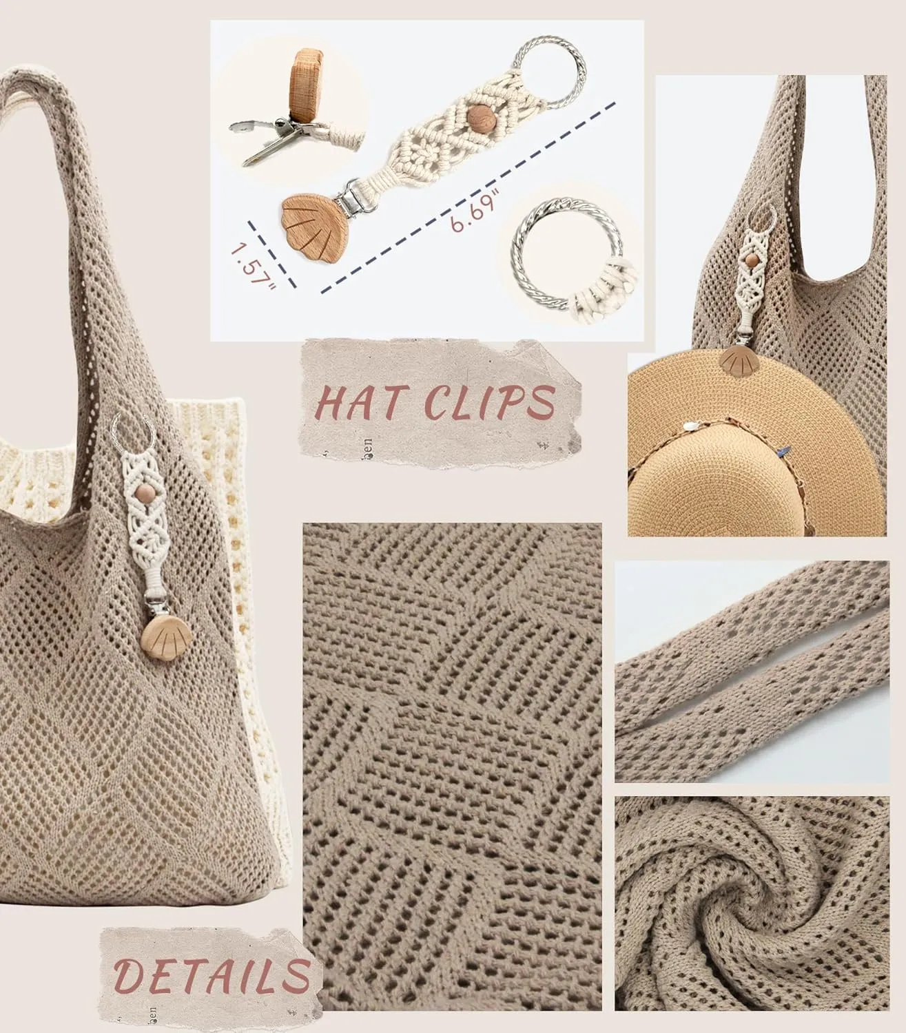 Crochet Tote Bag with Macrame Hat Clip for Travel Women Summer Beach Bag Aesthetic Knit Bag Cute Shoulder Bags