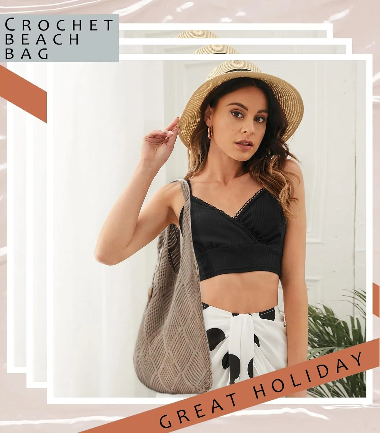 Crochet Tote Bag with Macrame Hat Clip for Travel Women Summer Beach Bag Aesthetic Knit Bag Cute Shoulder Bags