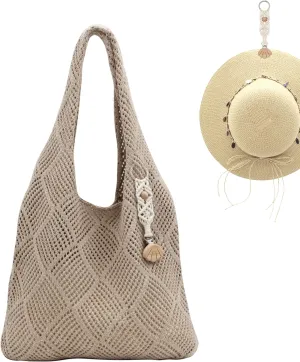 Crochet Tote Bag with Macrame Hat Clip for Travel Women Summer Beach Bag Aesthetic Knit Bag Cute Shoulder Bags