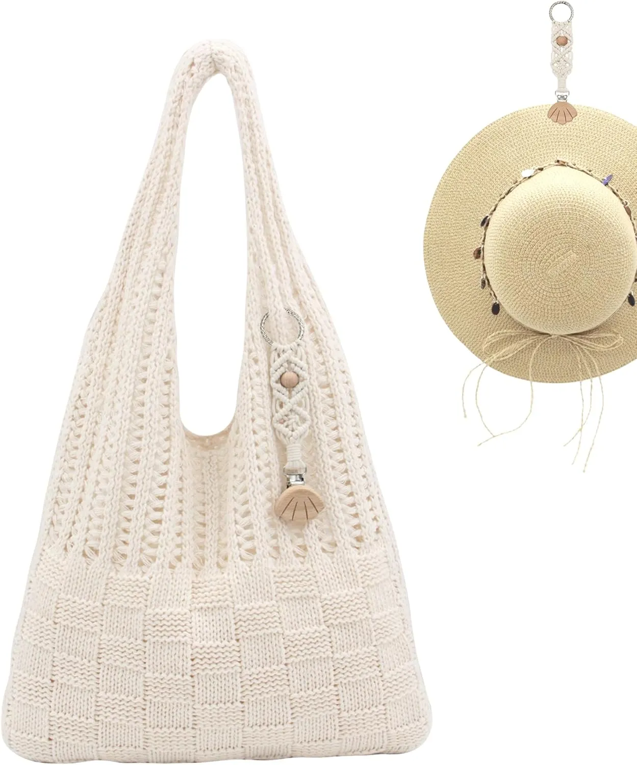 Crochet Tote Bag with Macrame Hat Clip for Travel Women Summer Beach Bag Aesthetic Knit Bag Cute Shoulder Bags