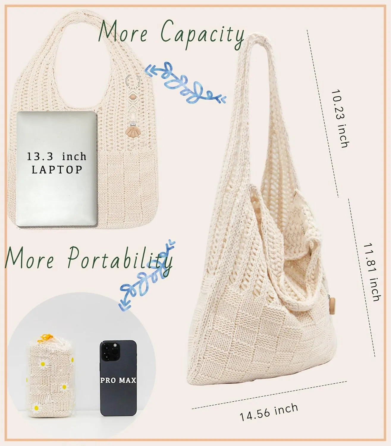 Crochet Tote Bag with Macrame Hat Clip for Travel Women Summer Beach Bag Aesthetic Knit Bag Cute Shoulder Bags