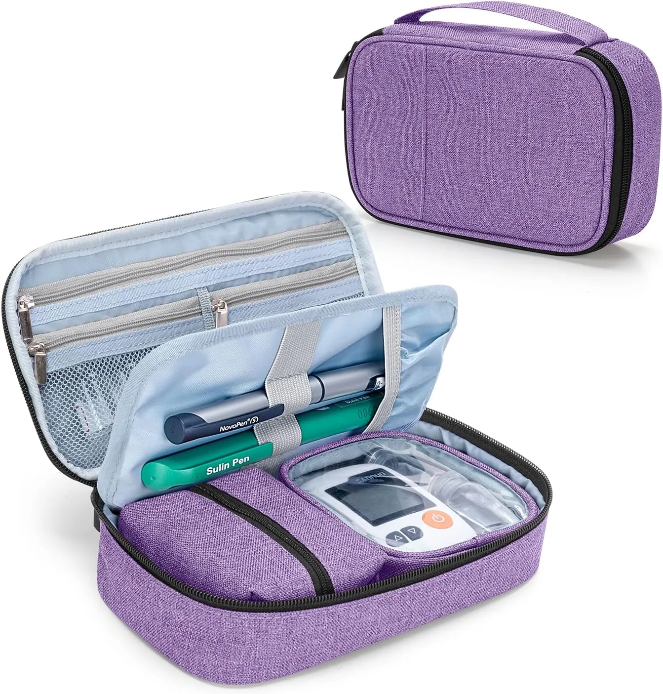 CURMIO Diabetic Supplies Bag for Glucose Meter, Medication and Other Diabetes Care Supplies, Diabetes Travel Organizer Case with Detachable Pouches, Purple (Bag Only)