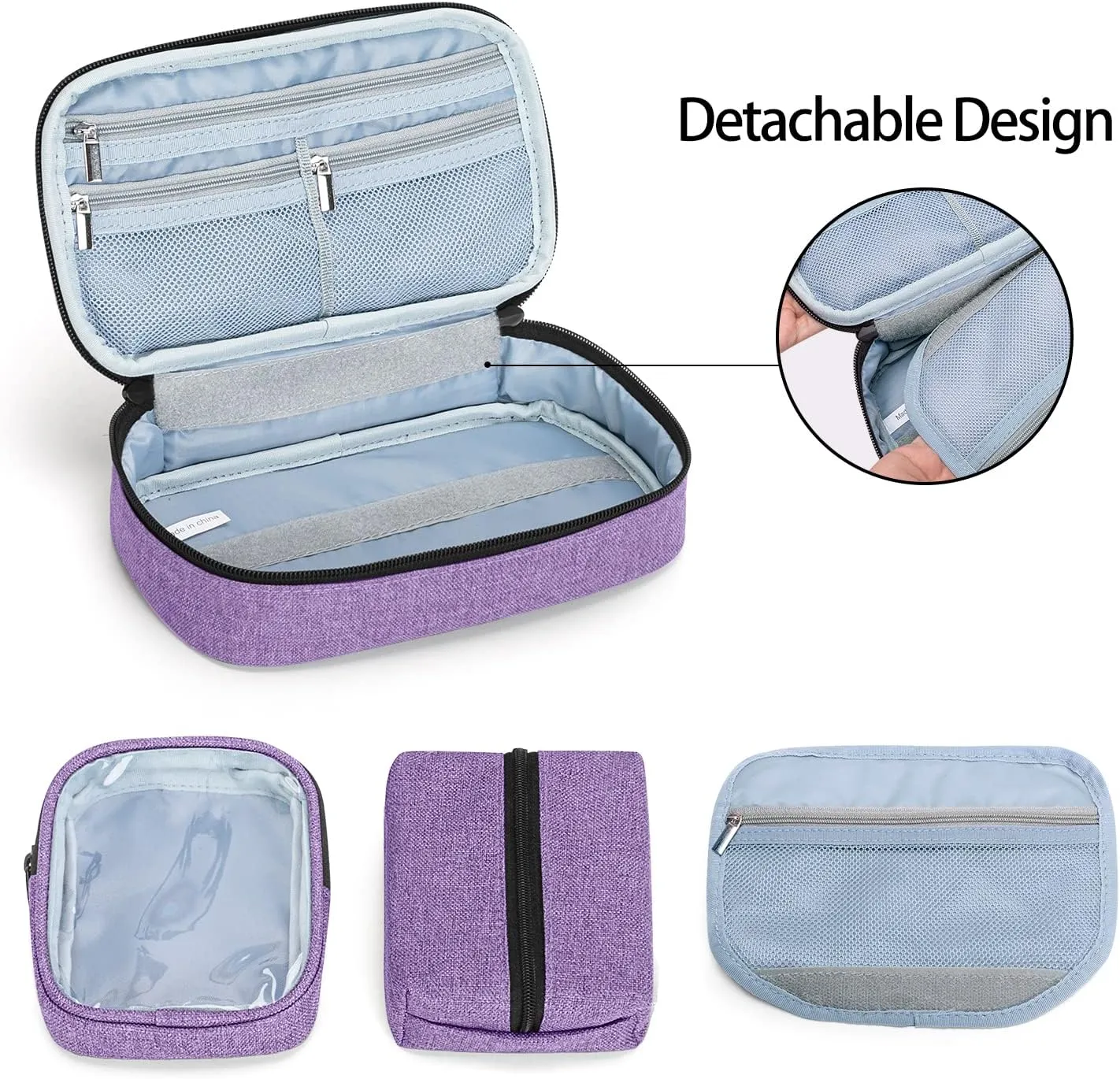 CURMIO Diabetic Supplies Bag for Glucose Meter, Medication and Other Diabetes Care Supplies, Diabetes Travel Organizer Case with Detachable Pouches, Purple (Bag Only)