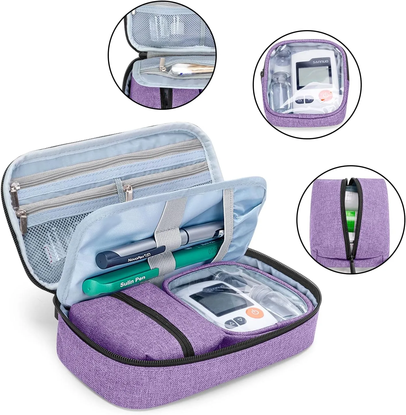 CURMIO Diabetic Supplies Bag for Glucose Meter, Medication and Other Diabetes Care Supplies, Diabetes Travel Organizer Case with Detachable Pouches, Purple (Bag Only)