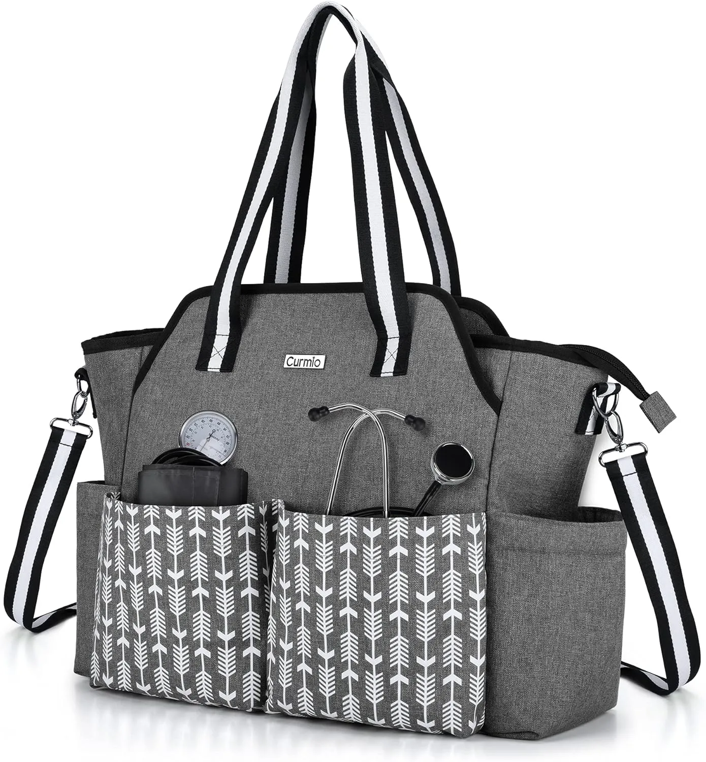CURMIO Home Health Nurse Bag - Portable Medical Supplies Bag for Home Visits, Clinical Study, Health Care, Gray with Arrow