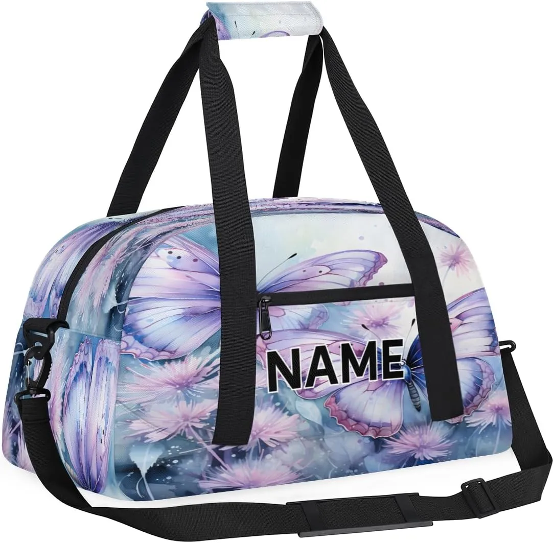 Custom Flowers Butterfies Small Gym Bag 18 inch for Women Men Personalized Purple Flower Carry On Overnight Weekender Bag for Travel Work Dance Sport