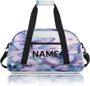 Custom Flowers Butterfies Small Gym Bag 18 inch for Women Men Personalized Purple Flower Carry On Overnight Weekender Bag for Travel Work Dance Sport
