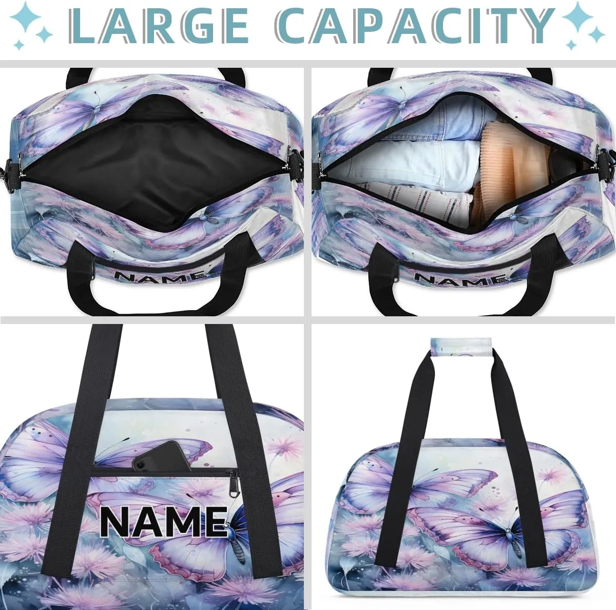 Custom Flowers Butterfies Small Gym Bag 18 inch for Women Men Personalized Purple Flower Carry On Overnight Weekender Bag for Travel Work Dance Sport