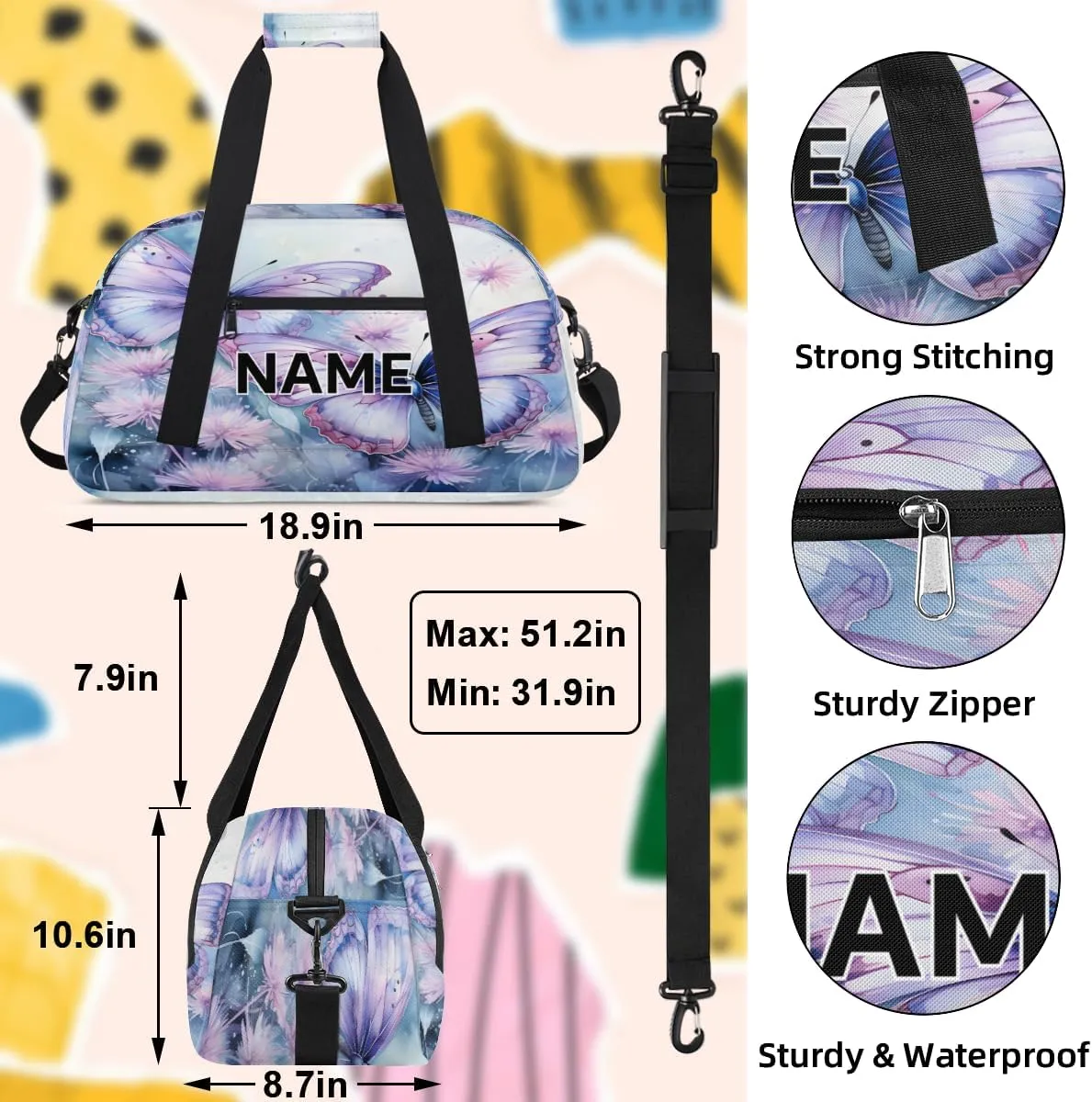 Custom Flowers Butterfies Small Gym Bag 18 inch for Women Men Personalized Purple Flower Carry On Overnight Weekender Bag for Travel Work Dance Sport
