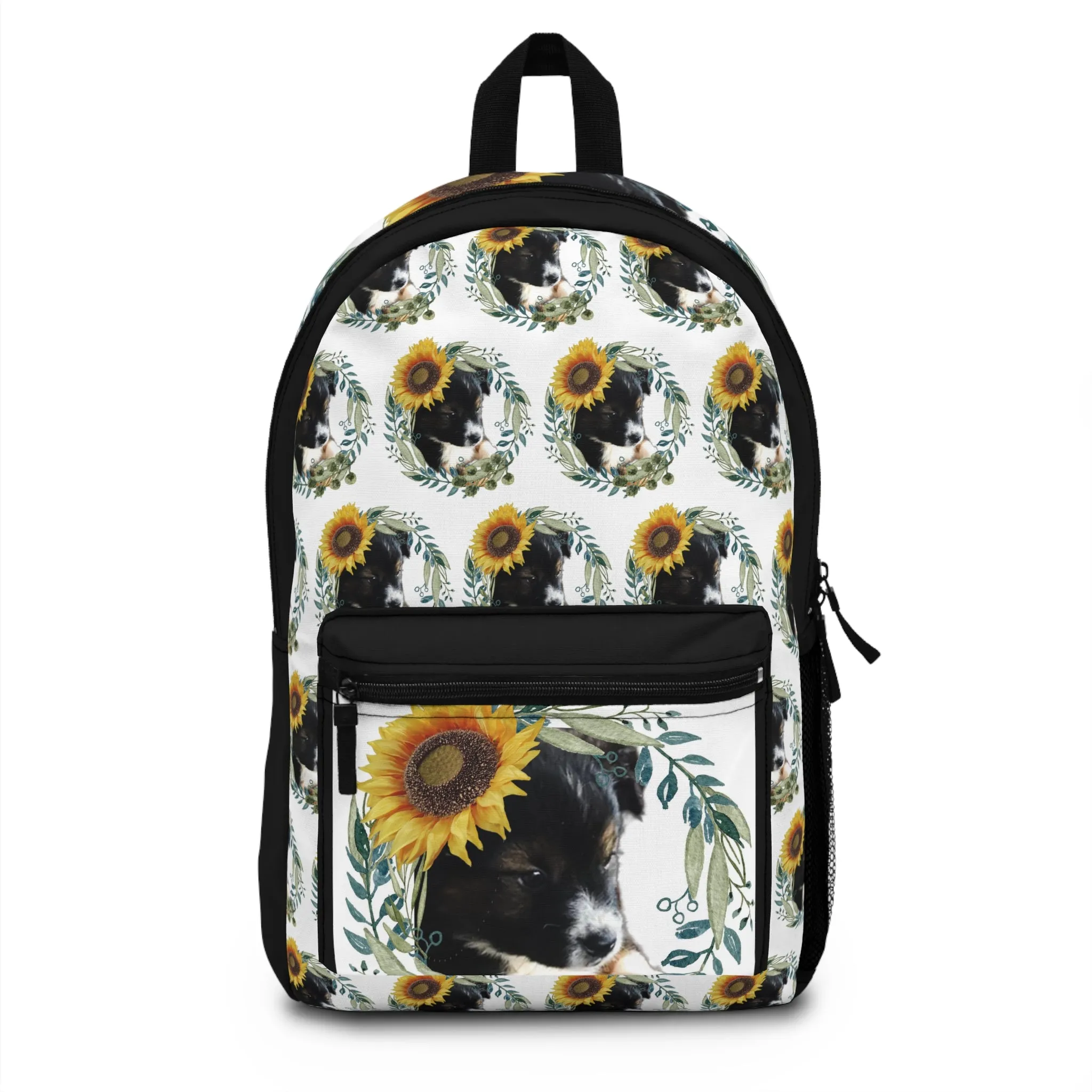 Cute Black Puppy with Sunflower Hat Backpack
