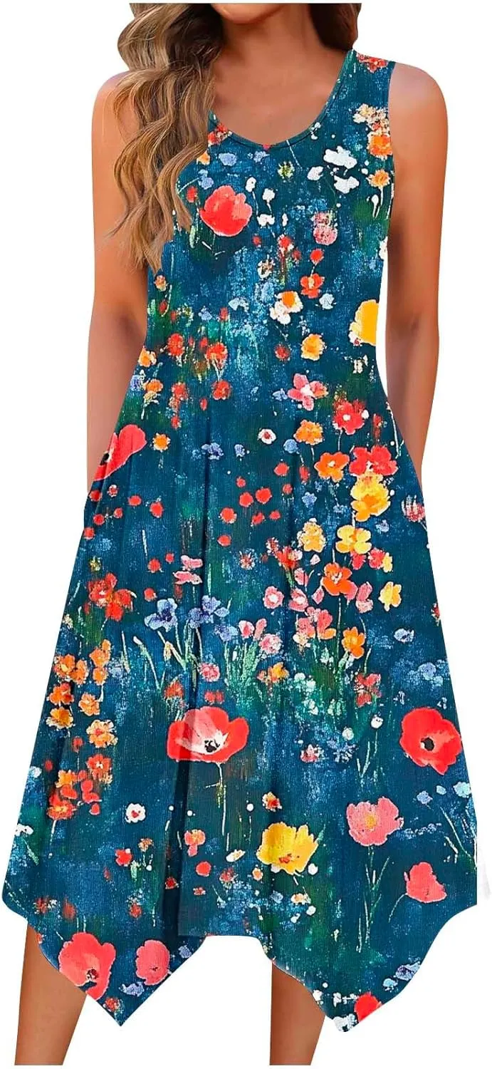 Cute Dresses for Women Casual Crewneck Sleeveless Floral Flowy Sundresses 2025 Beach Vacation Summer Hawaiian Dress