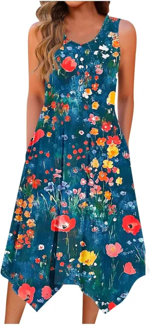 Cute Dresses for Women Casual Crewneck Sleeveless Floral Flowy Sundresses 2025 Beach Vacation Summer Hawaiian Dress