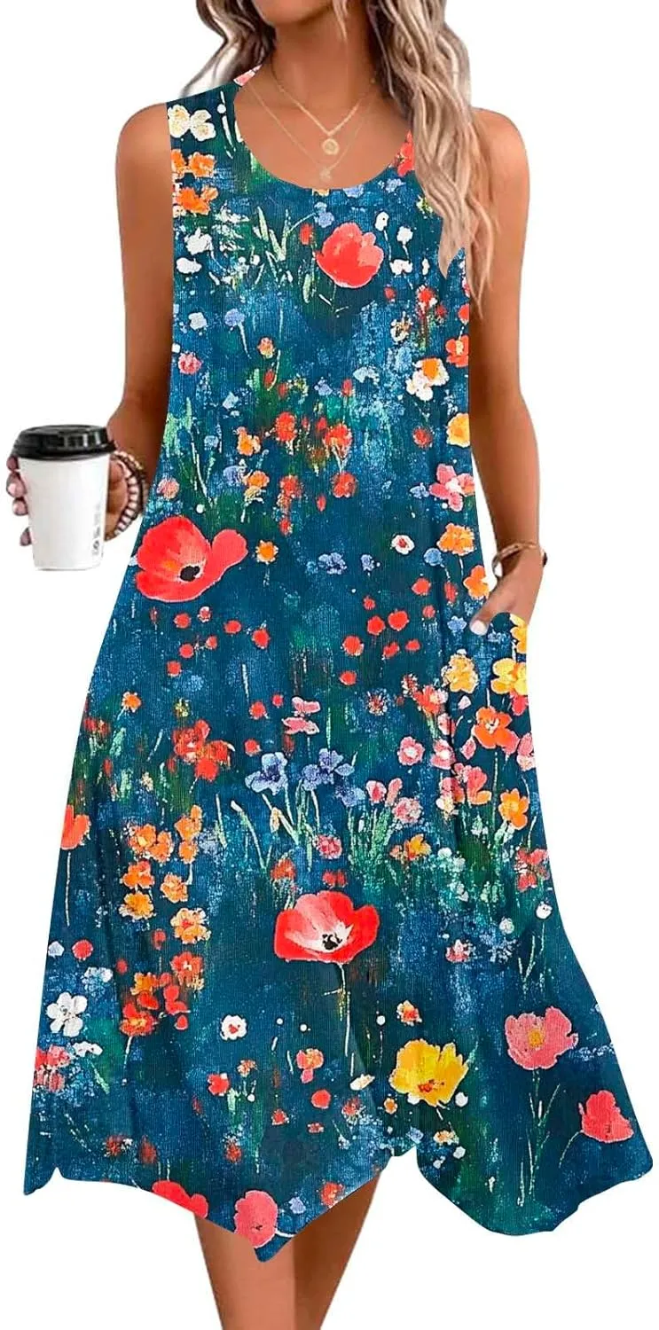 Cute Dresses for Women Casual Crewneck Sleeveless Floral Flowy Sundresses 2025 Beach Vacation Summer Hawaiian Dress