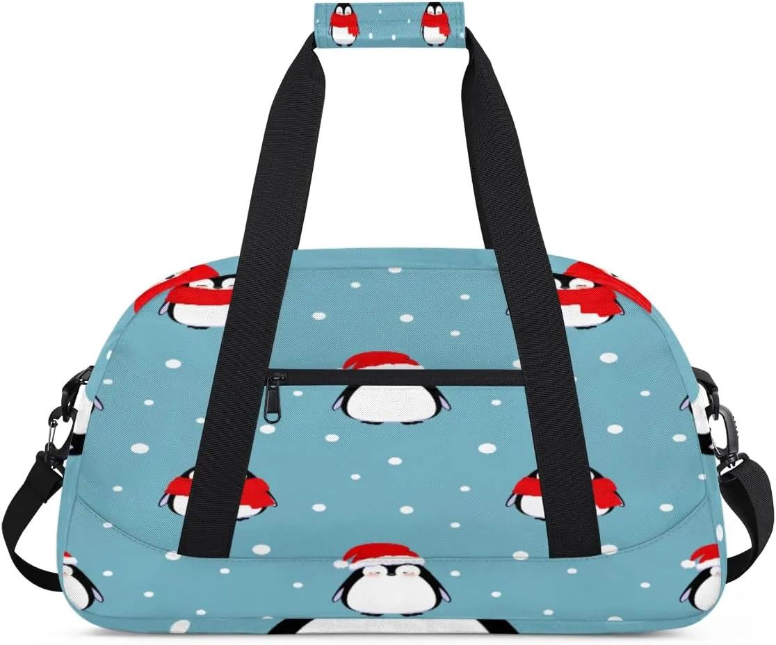 Cute Penguin Gym Duffel Bag for Men Women Christmas Hat Scarf Sports Tote Bag with Adjustable Shoulder Strap for Dance Gymnastics Traveling Outdoor Camping Overnight Stay