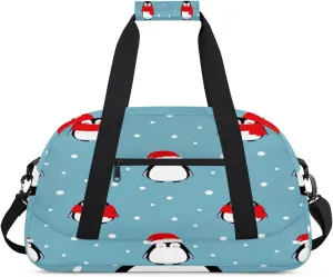 Cute Penguin Gym Duffel Bag for Men Women Christmas Hat Scarf Sports Tote Bag with Adjustable Shoulder Strap for Dance Gymnastics Traveling Outdoor Camping Overnight Stay
