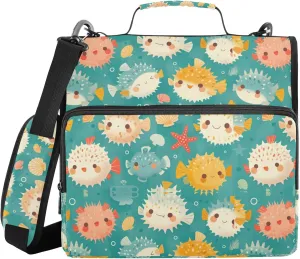 Cute Pufferfish Green Organizer Binder with Shoulder Strap & Handle Multiple Pockets 1.5 Inch 3 Rings Portfolio Binder Bag Office Document Organizer