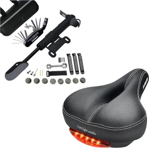 DAWAY C99 Comfy Wide Bike Seat with Light and DAWAY A35 Bike Repair Kits - Soft Bike Saddle and Waterproof Bike Frame Bag with Pump, 16 in 1 Multi Tool, Tire Patches, Levers Included, Practical Gift