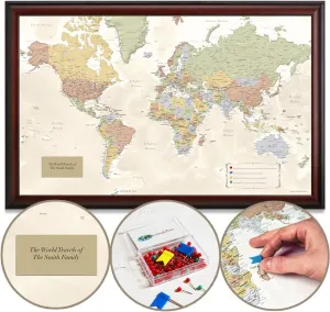 Deluxe Push Pin World Map | Premium Wood Frame | Personalized Gift Map | Handmade in Minnesota | 33" x 21"