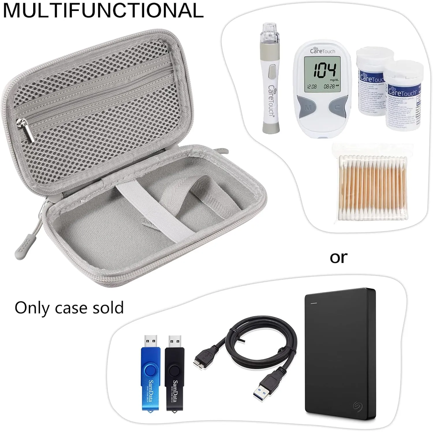 Diabetes Travel Case EVA Hard Shell Diabetic Supplies Bag Organizer for Blood Sugar Testing Kit, Glucose Monitor Kit with Meter, Glucose Test Strips, Lancets, Lancing Device, Alcohol Wipe (Gray)