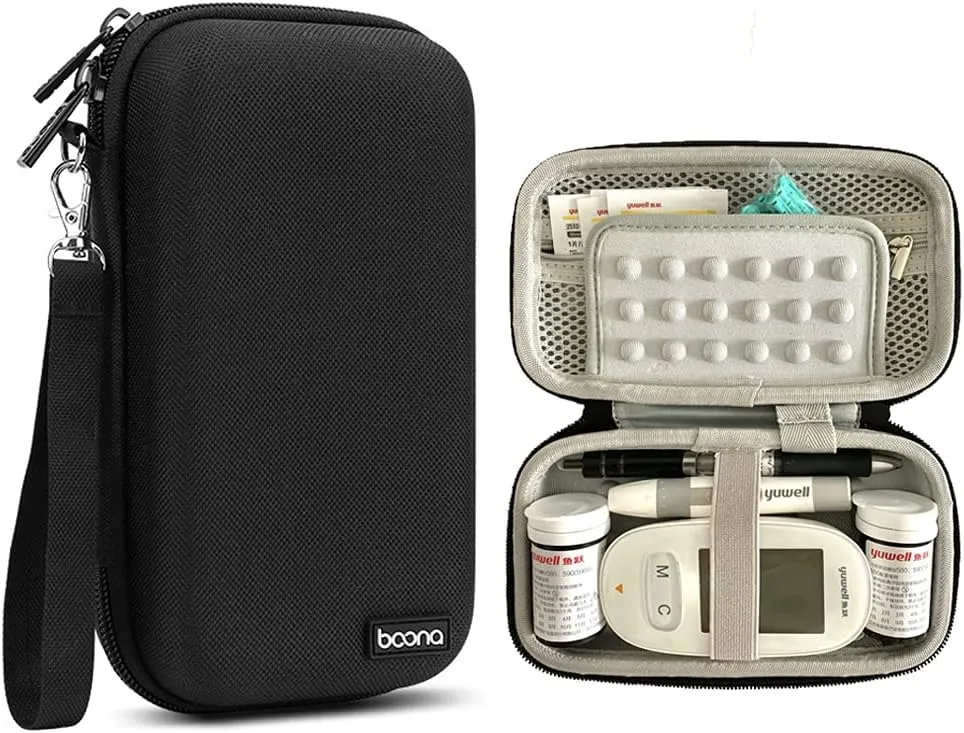 Diabetic Supplies Bag Blood Sugar Test Kit Case Organizer For Blood Glucose Monitor / Meter, Diabetes Test Strips, Lancets, Lancing Device, Insulin Pen, Syringes, Pills, Alcohol Wipe (B-Black, Large)
