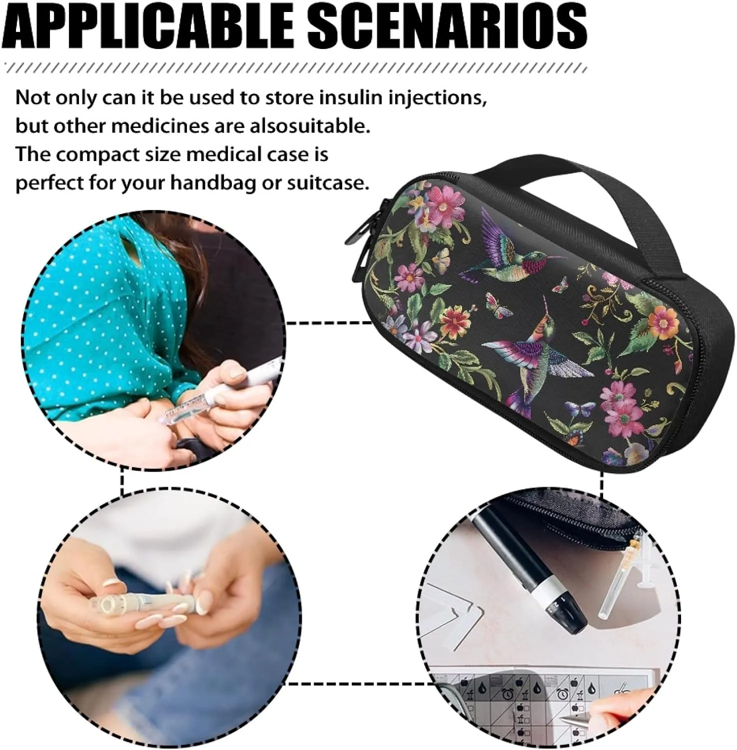 Diabetic Supplies Carrying Case Bag for Diabetes Testing Kit, Blood Glucose Monitor Kit with Meter, Blood Sugar Test Strips, Lancets, Lancing Device, Alcohol Wipe, Retro Hummingbirds