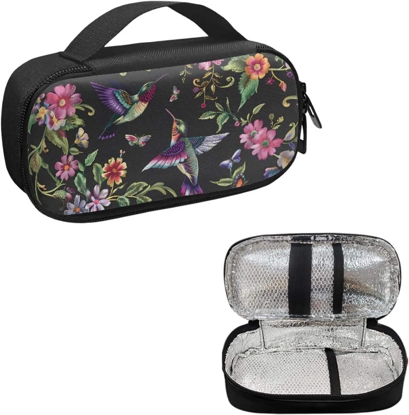 Diabetic Supplies Carrying Case Bag for Diabetes Testing Kit, Blood Glucose Monitor Kit with Meter, Blood Sugar Test Strips, Lancets, Lancing Device, Alcohol Wipe, Retro Hummingbirds