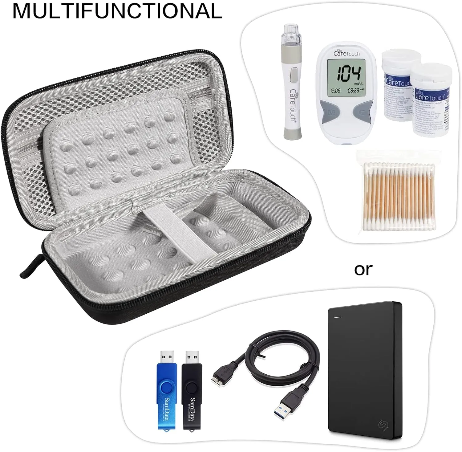Diabetic Travel Case   Pill Box, EVA Hard Shell Diabetic Bags for Supplies, Glucose Monitor Kit, Blood Sugar Monitor, Test Strips for Diabetes, Lancets, Lancing Device, Insulin Pen (Large, B Black)