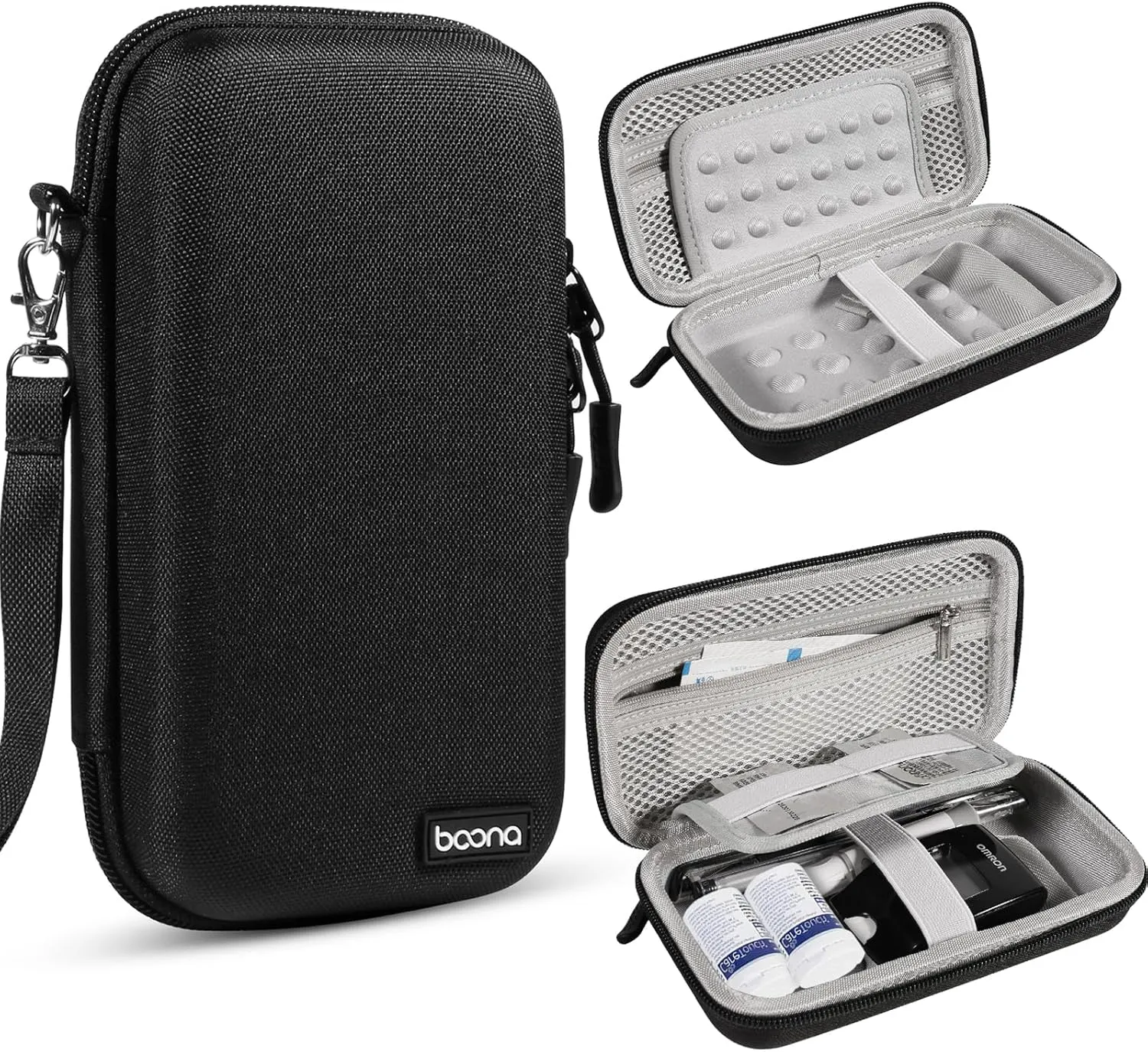 Diabetic Travel Case   Pill Box, EVA Hard Shell Diabetic Bags for Supplies, Glucose Monitor Kit, Blood Sugar Monitor, Test Strips for Diabetes, Lancets, Lancing Device, Insulin Pen (Large, B Black)