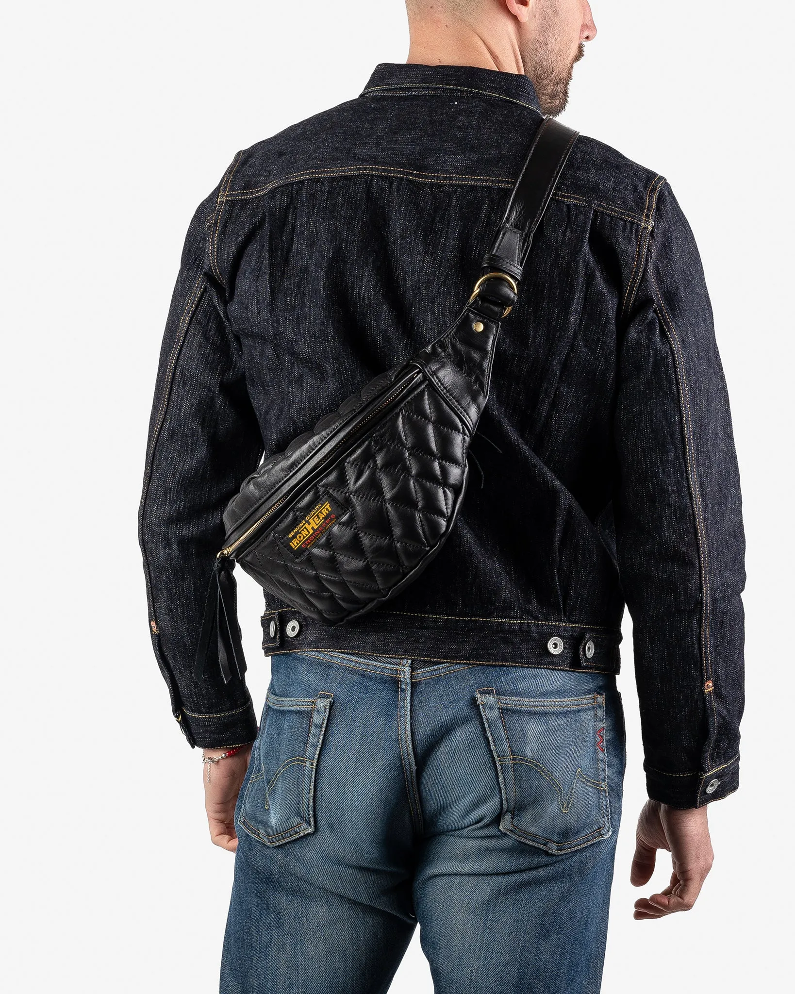 Diamond Stitched Leather Waist Bag - Black