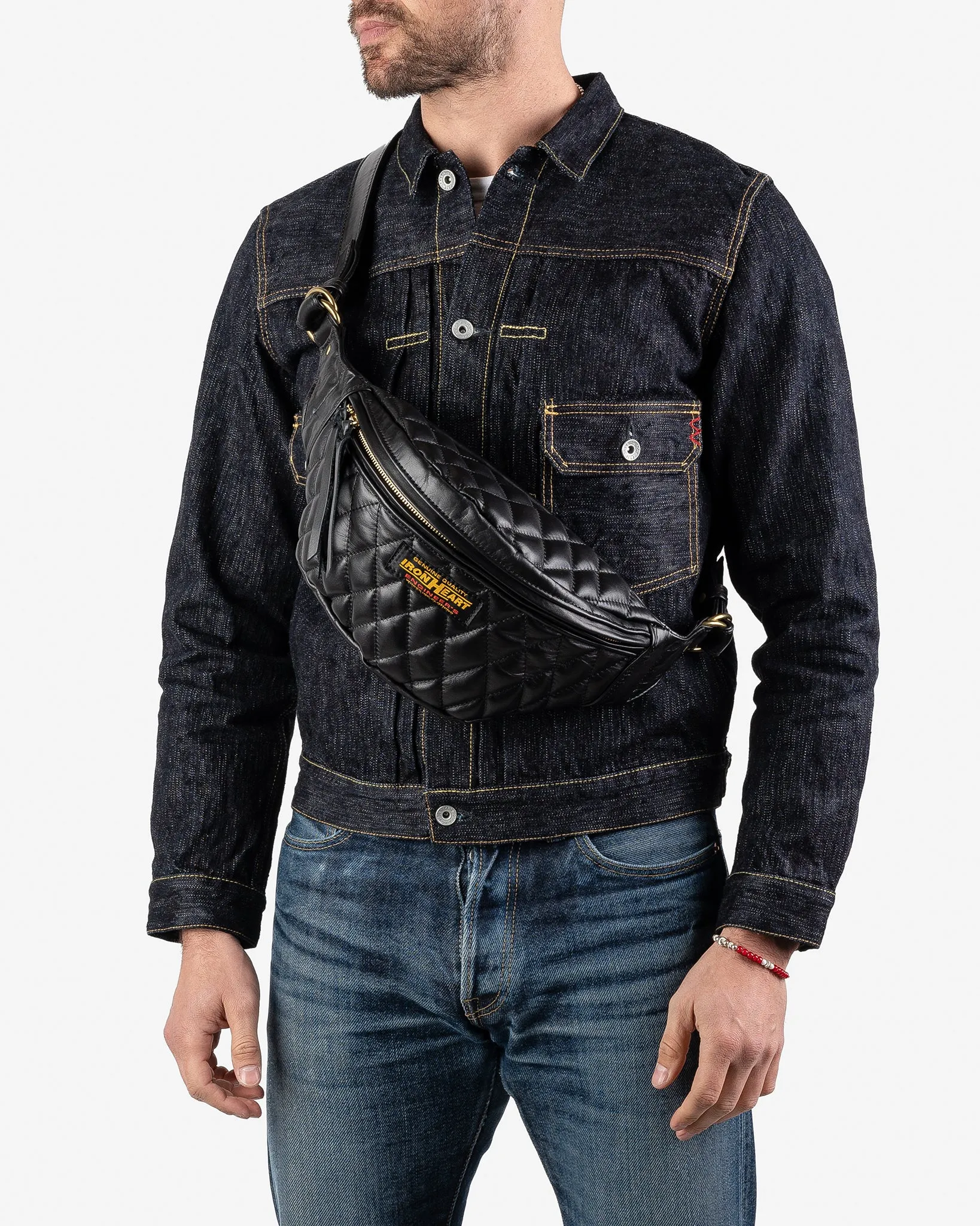 Diamond Stitched Leather Waist Bag - Black